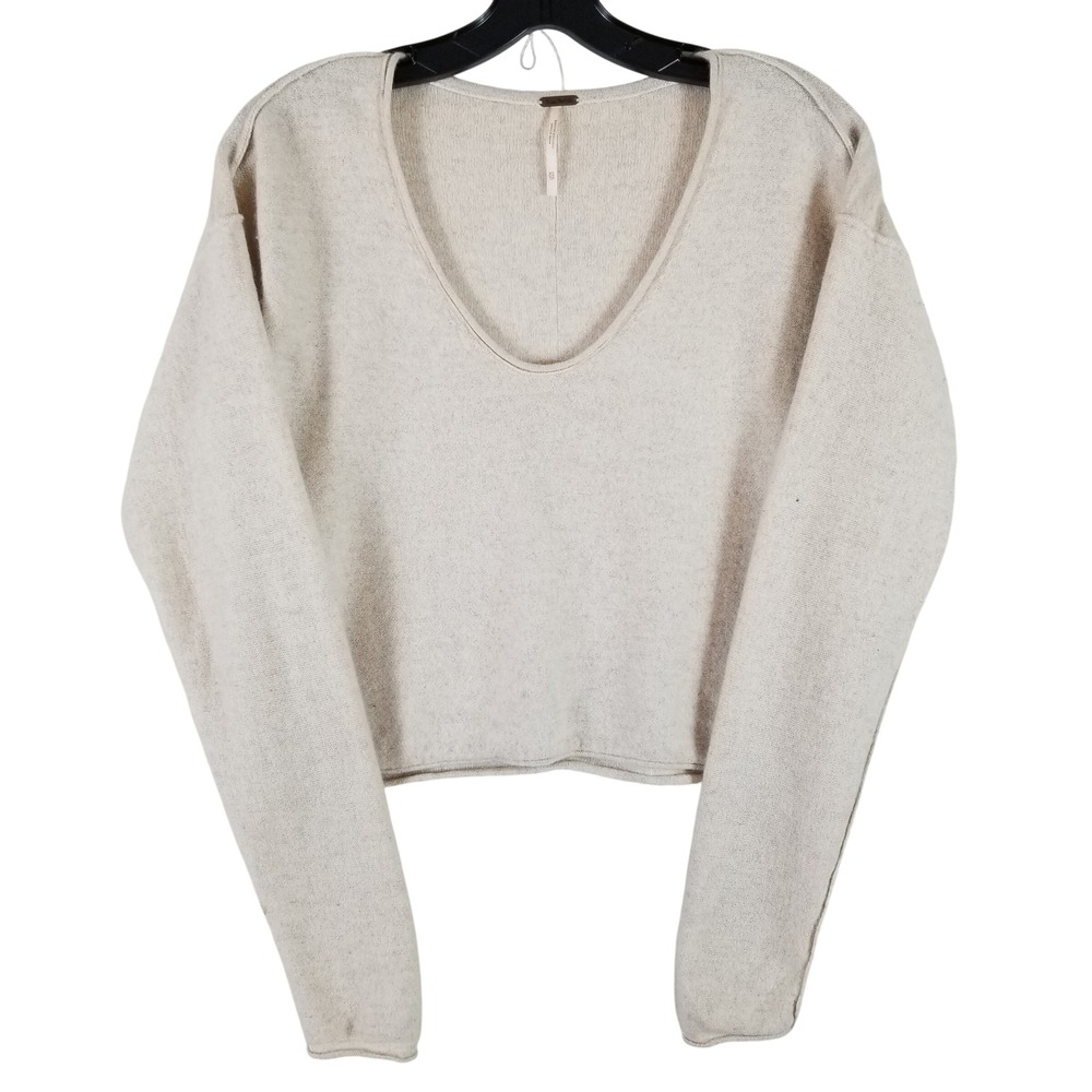 Free People Sweater Women XS Oatmeal Cashmere Silk V-Neck Cropped Exposed Seams‎